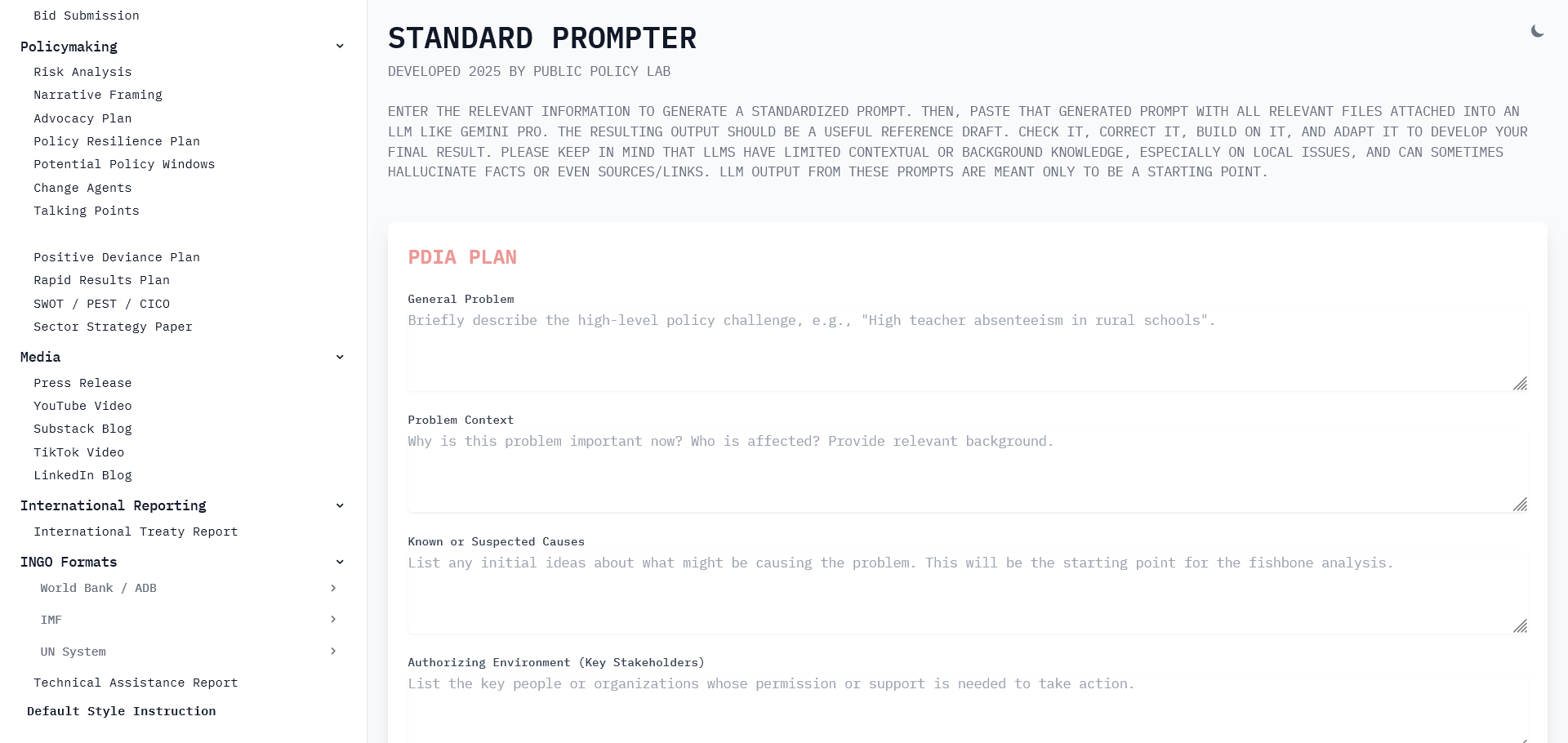 Standard Prompter — PDIA plan template with problem context fields